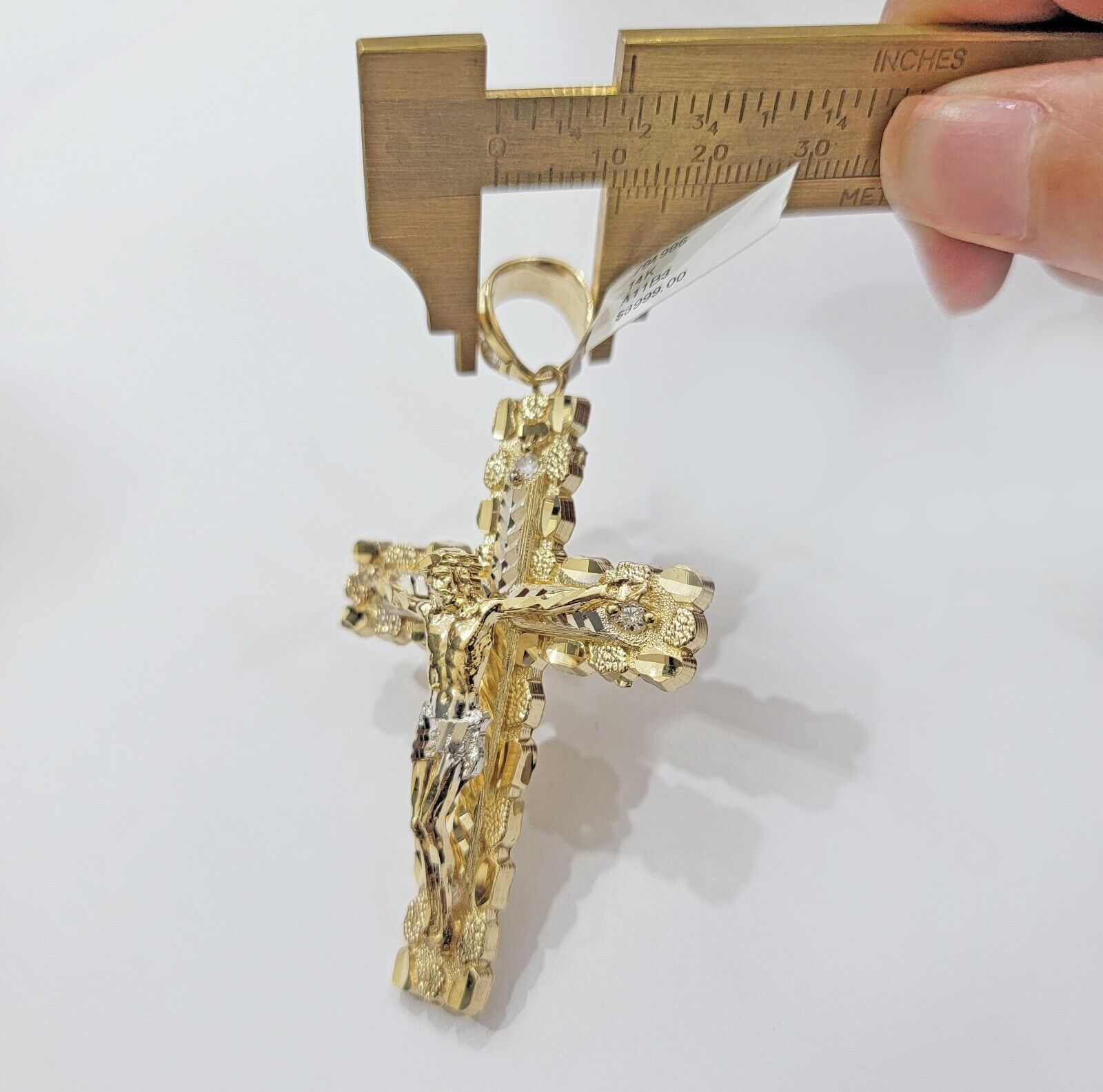 Real 14kt Gold Cross Charm Pendant Jesus Crucifix 3" Yellow Gold For Men's Chain