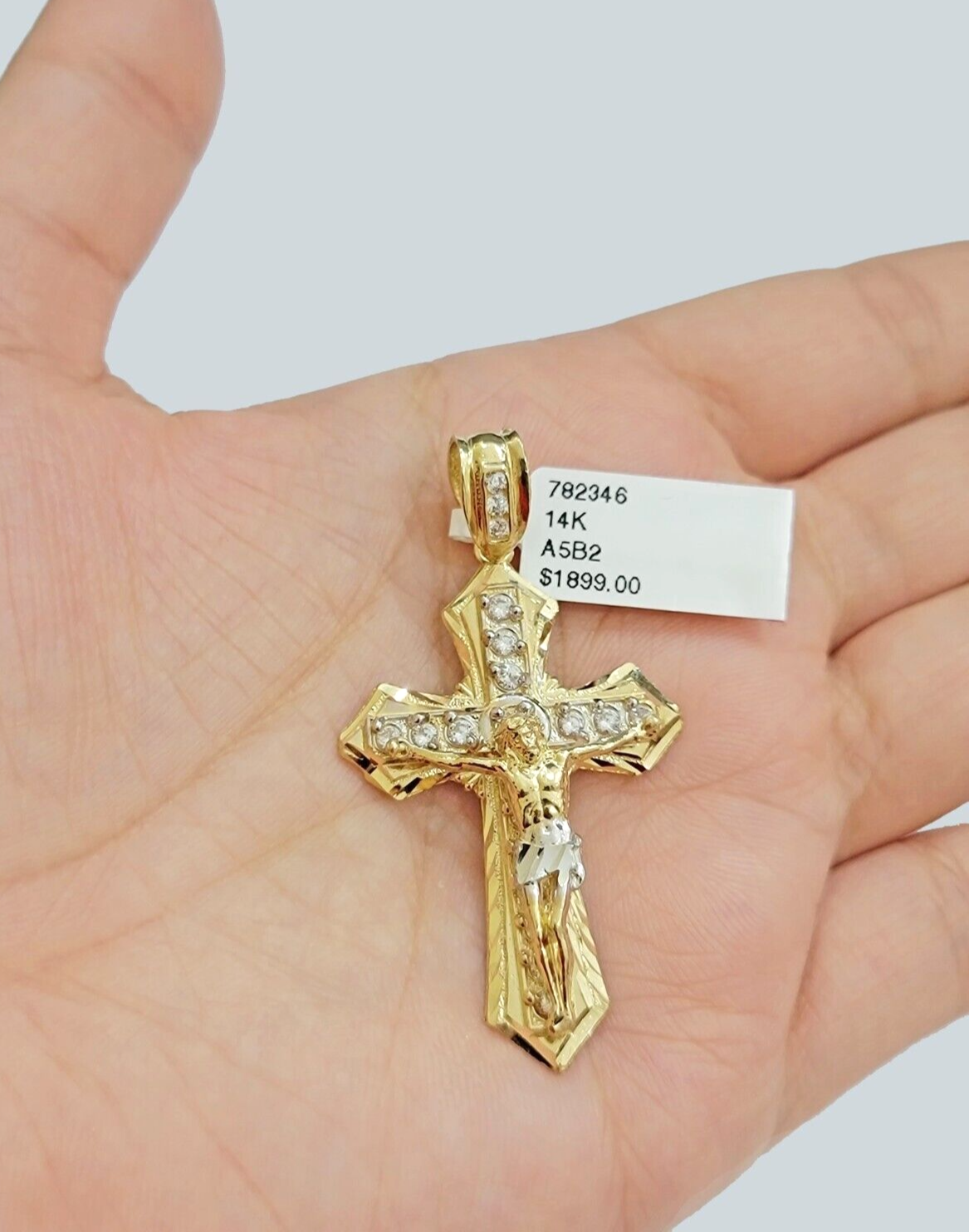 14k Yellow Gold Cross Jesus Crucifix Pendant 2 Inch 14kt CZ Charm Mens REAL 14kt
