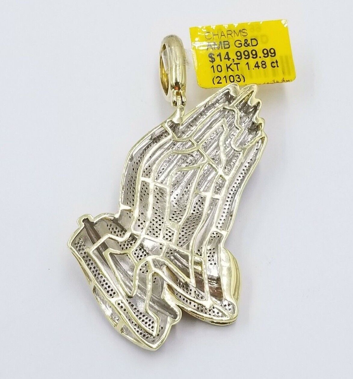 Real Diamonds Praying hand Charm Pendant 1.40CT, 2.4 Inch ,10KT Real Yellow Gold