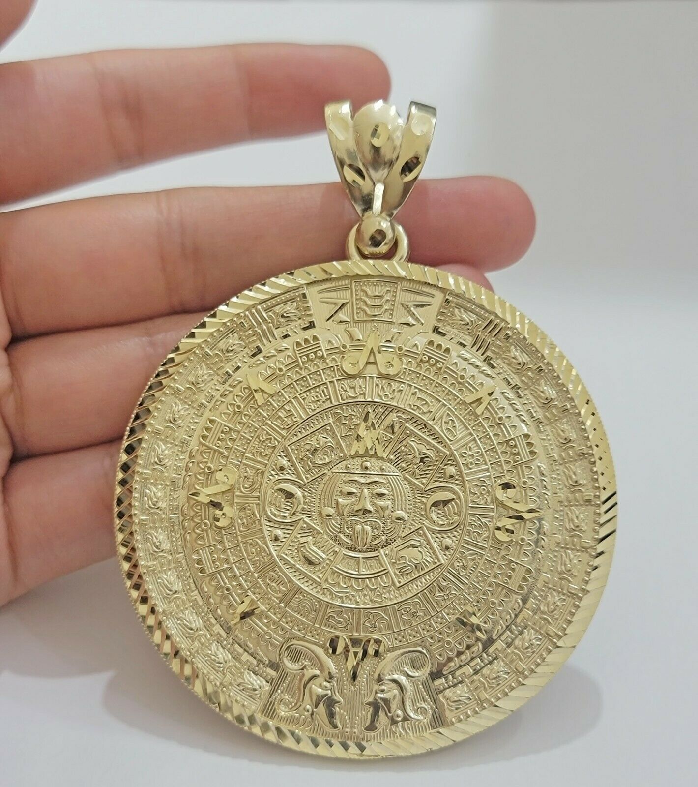 SOLID Real 10kt Yellow Gold Pendant Aztec Mayan Calendar 2.5" Men's Round Charm