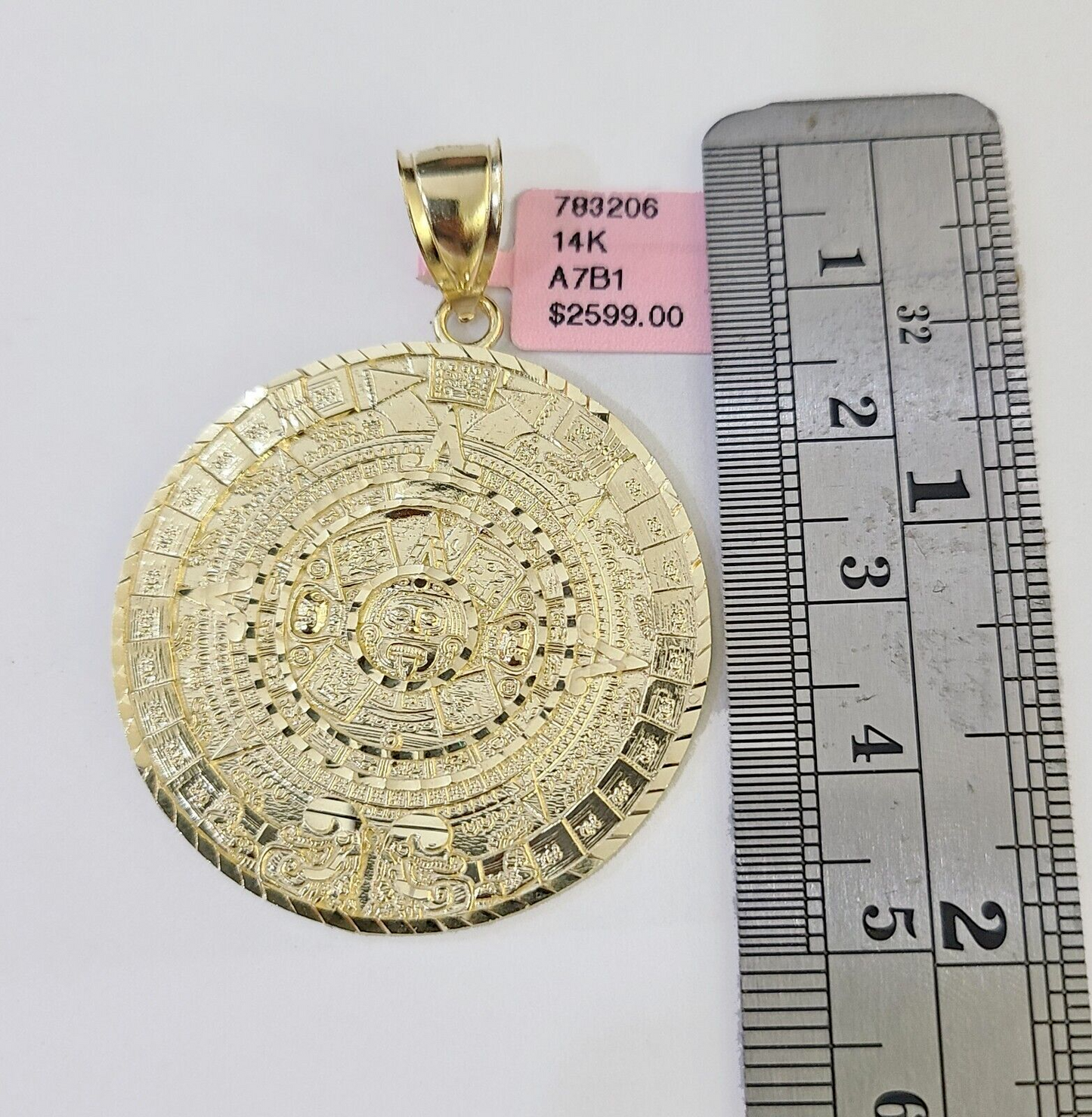 SOLID Real 14k Gold Charm Pendant Aztec Mayan Calendar 2" Men's Round Style 14k