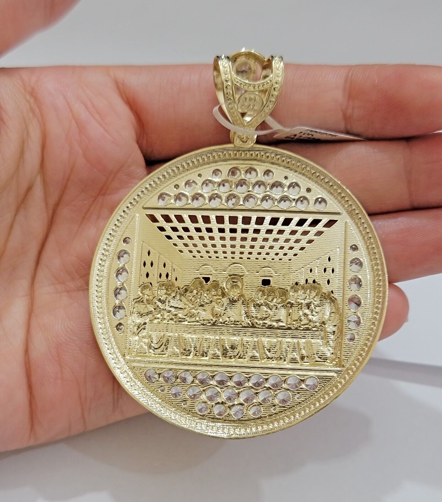Real 10k Gold Pendant Charm Last Supper Jesus 10kt Yellow Gold With Stones , New