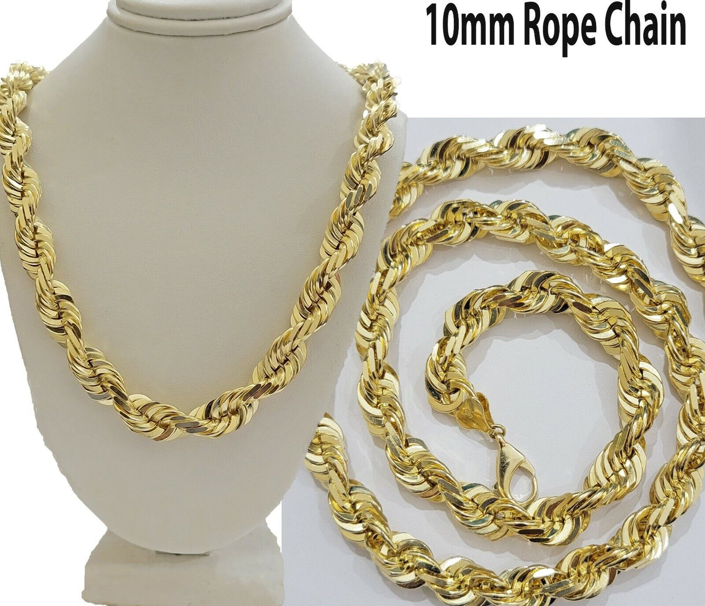 10mm Solid 10k Yellow Gold Rope Chain Necklace 26" Inch Mens Thick & Heavy Shiny