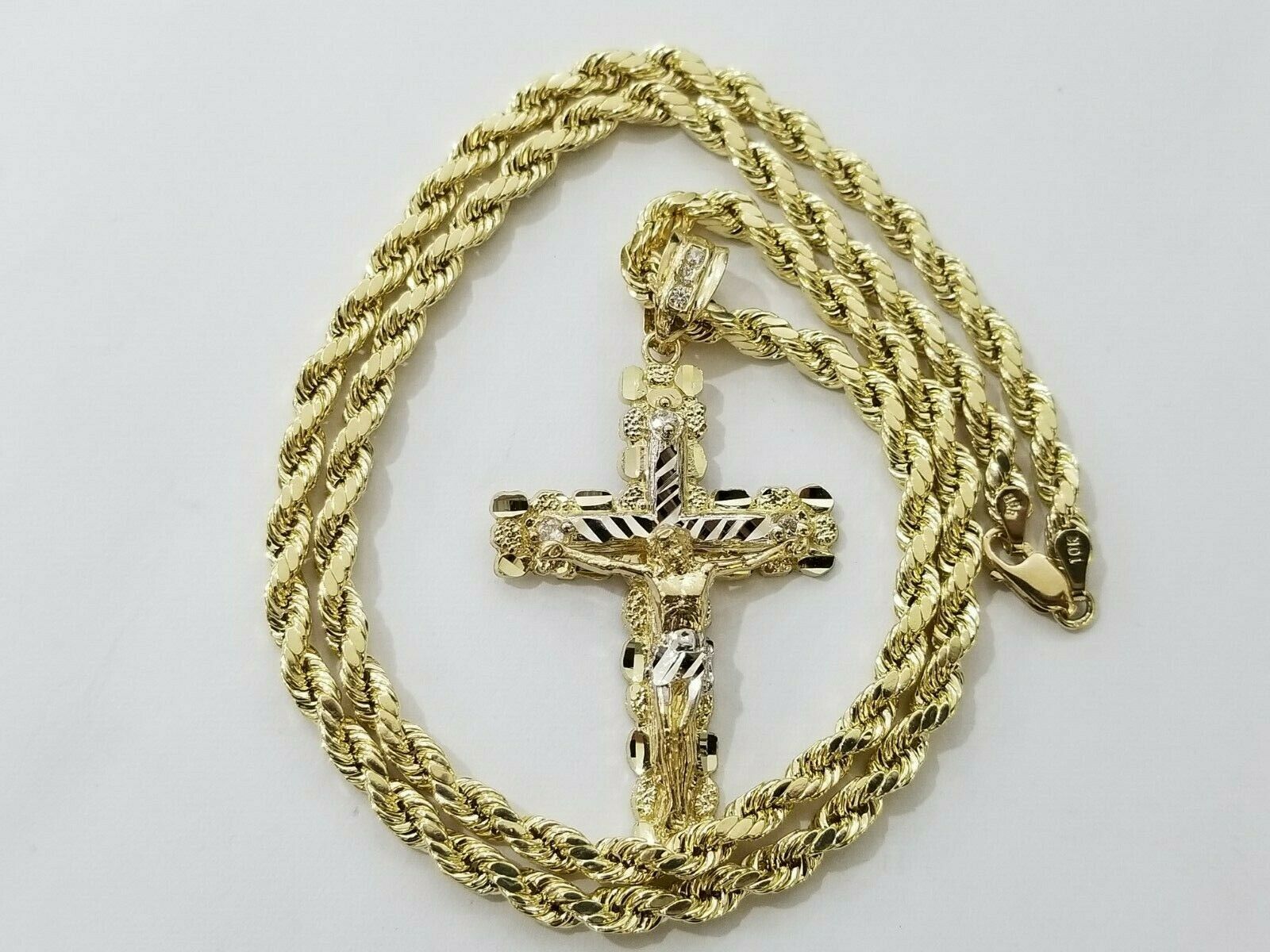 10k Yellow Gold Rope Chain With Cross Charm Pendant Set REAL 10KT 4mm Necklace