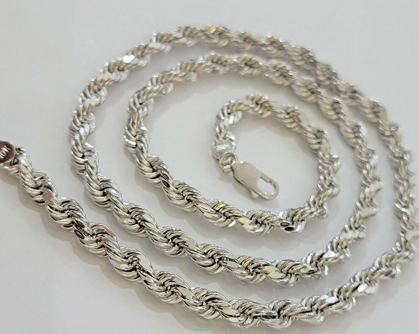 Real 10k White Gold Rope Chain Necklace 22 Inch 6mm Diamond Cuts Mens 10KT SOLID