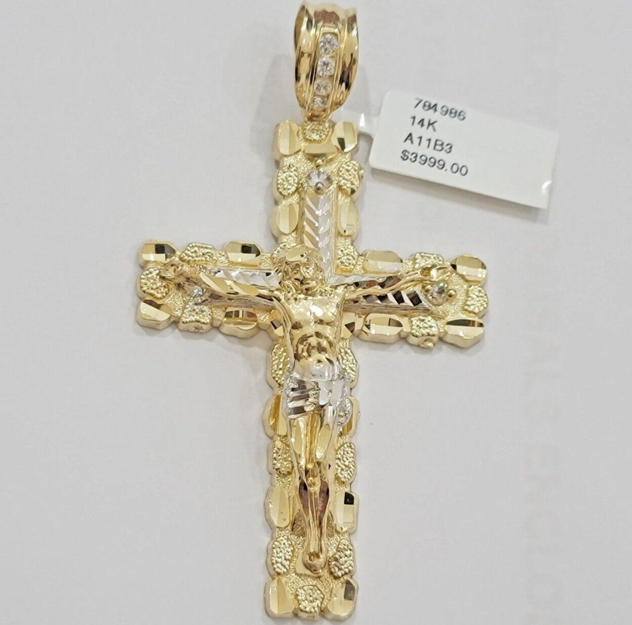 14k Yellow Gold Cross Nugget Pendant Jesus Crucifix 3.75"  14kt Gold Men's REAL