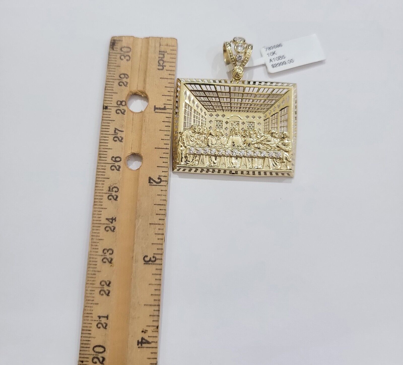 Real 10k Gold Pendant Charm Last Supper Square Jesus 10kt Yellow Gold With Stone