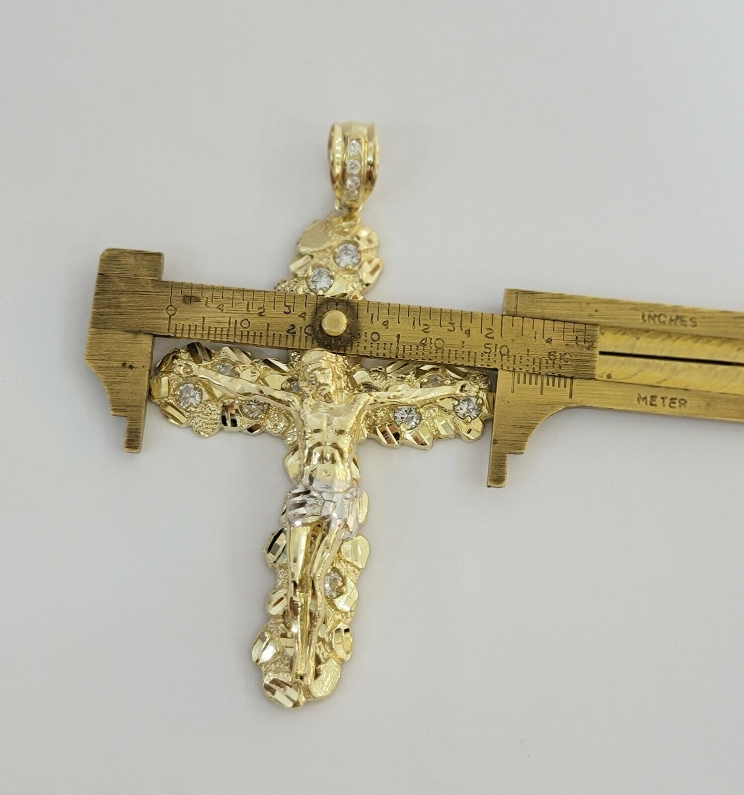 14k Yellow Gold Cross Nugget Jesus Crucifix Pendant 3.5 Inch 14kt Gold Mens REAL
