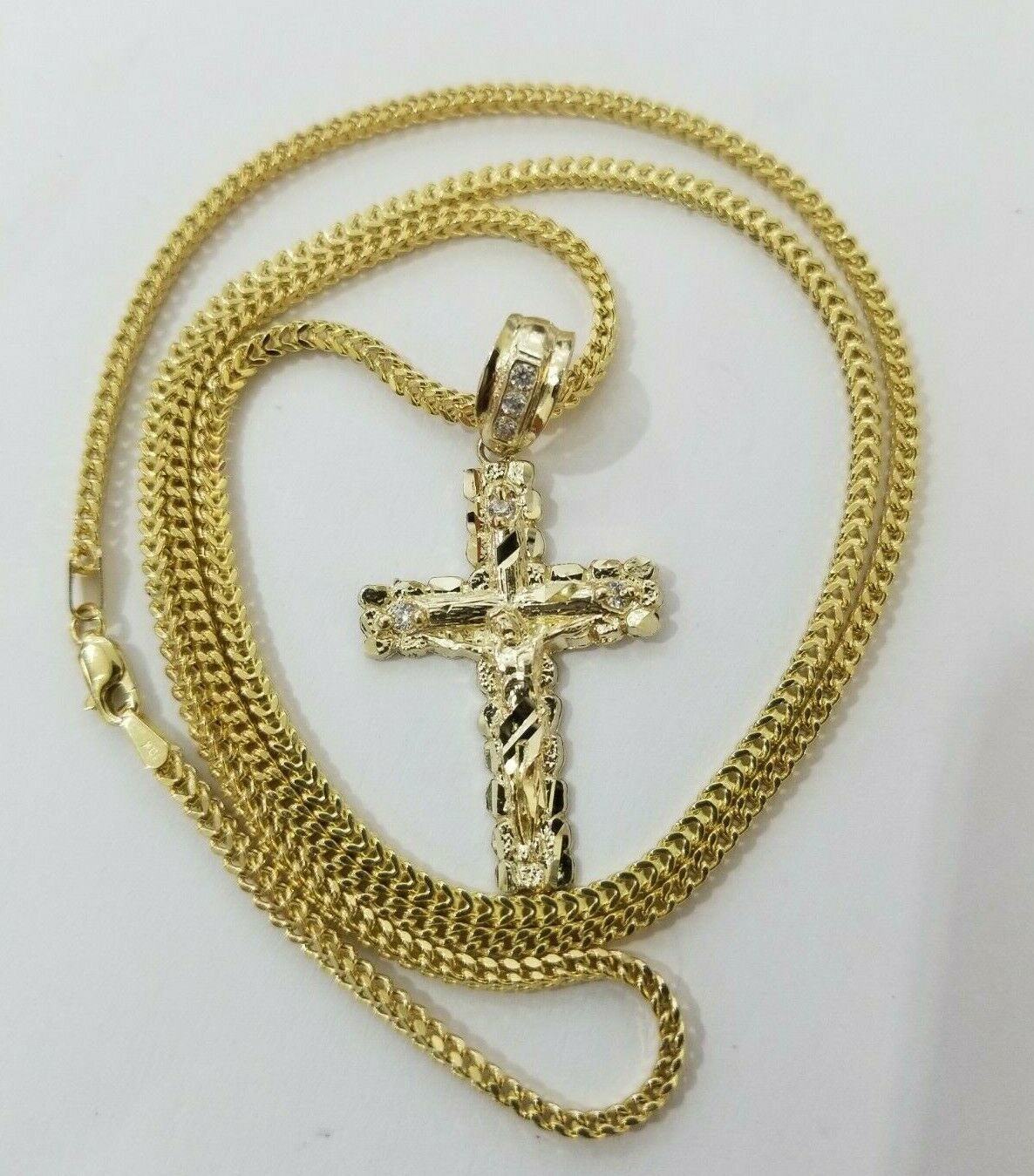 REAL 10k Yellow Gold Franco Chain & Cross Charm Pendant Set 16"-26" 2mm Necklace