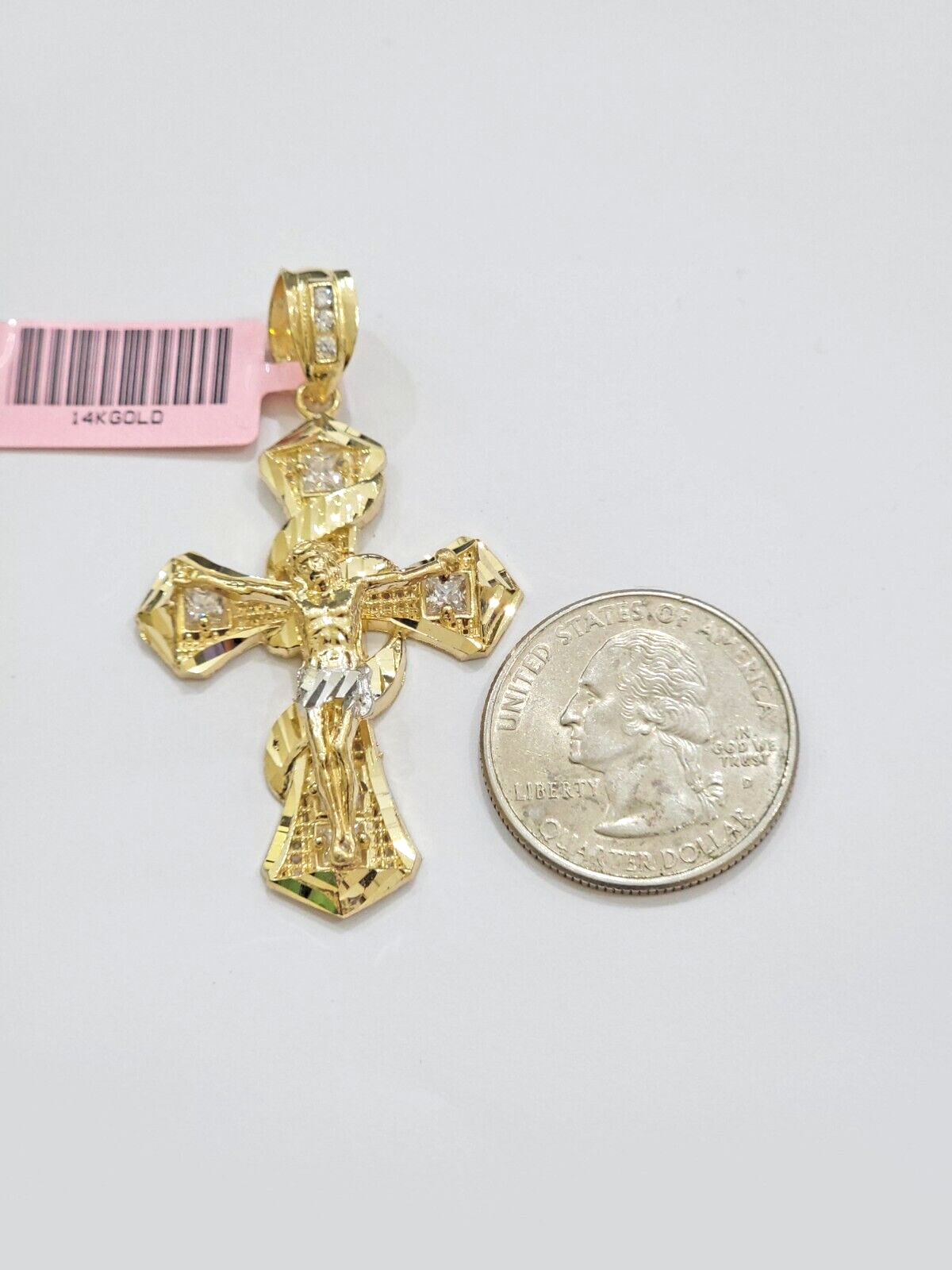 14k Yellow Gold Cross Charm Jesus Pendant 2 Inch CZ Crucifix For Chain 14kt SALE