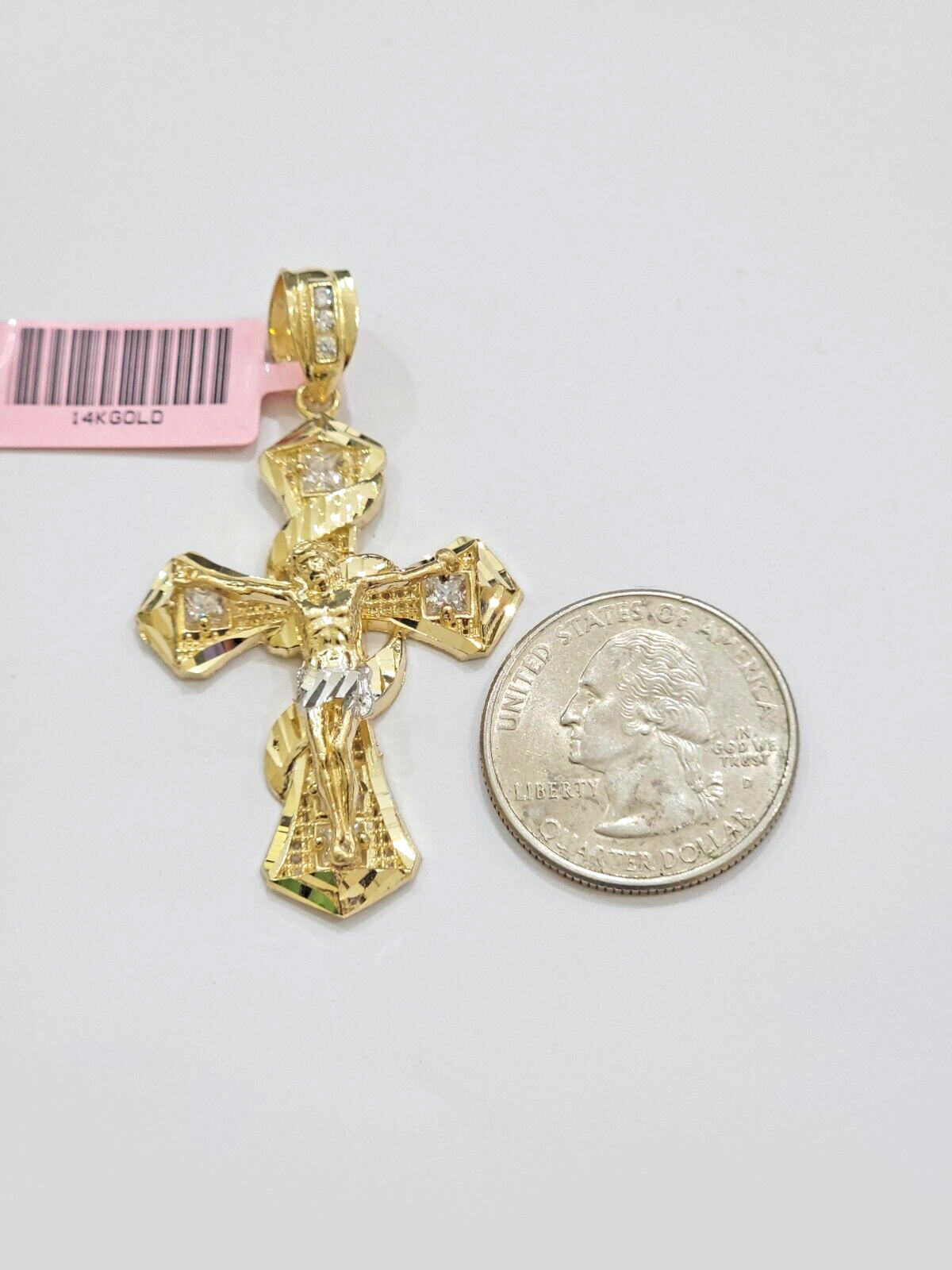 14k Yellow Gold Cross Charm Jesus Pendant 2 Inch CZ Crucifix For Chain 14kt SALE
