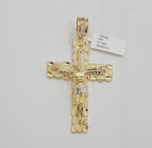 14k Yellow Gold Cross Nugget Pendant Jesus Crucifix 3 Inch 14kt Gold Men's REAL