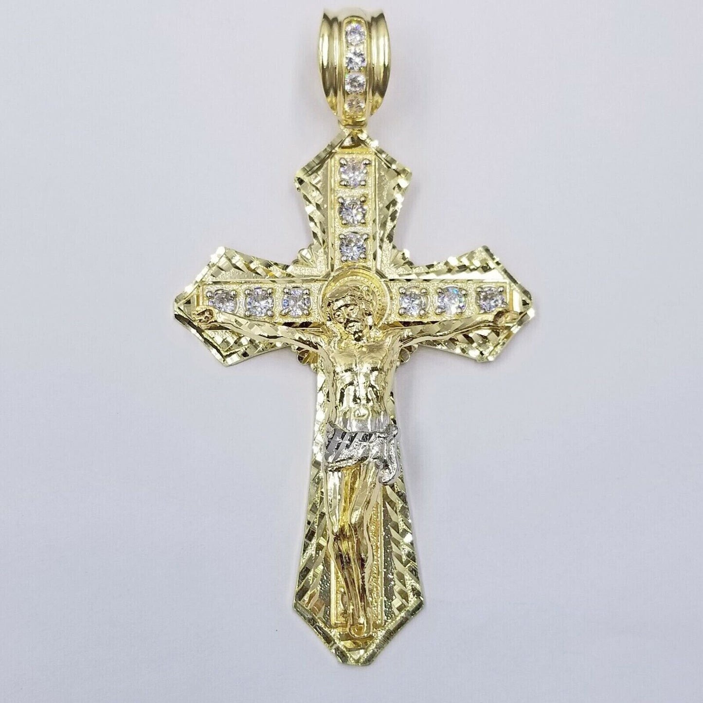 Real 10k Yellow Gold Jesus Cross Charm Men's pendant 3.75" With cubic Zirconia