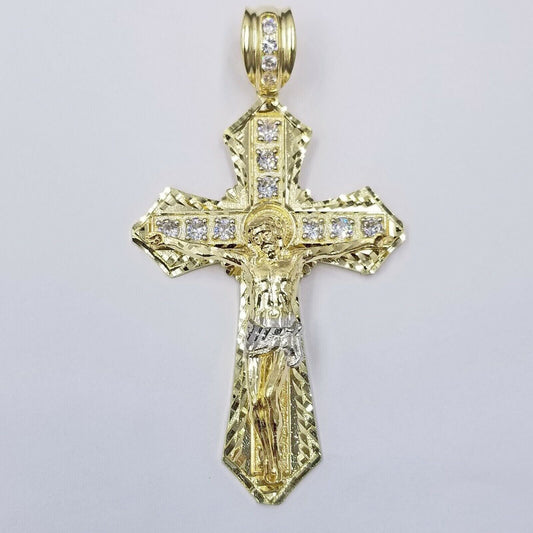 Real 10k Yellow Gold Jesus Cross Charm Men's pendant 3.75" With cubic Zirconia