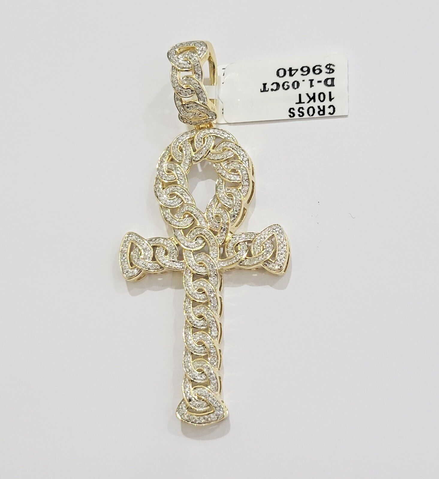 Real 10k Yellow Gold Diamond Ankh Cross Charm Pendant 1.08 CT Mens 2.5Inch