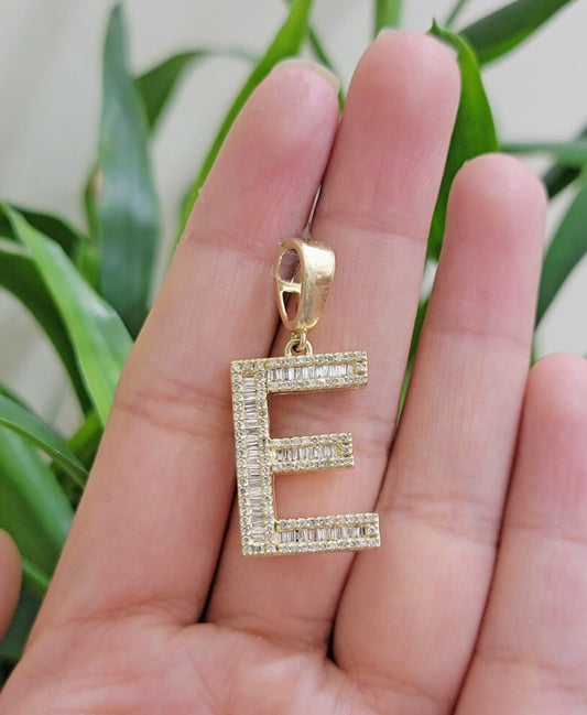 10k Gold Pendant Initial Charm Natural Diamond A-Z Alphabet Baguette & Round Dia