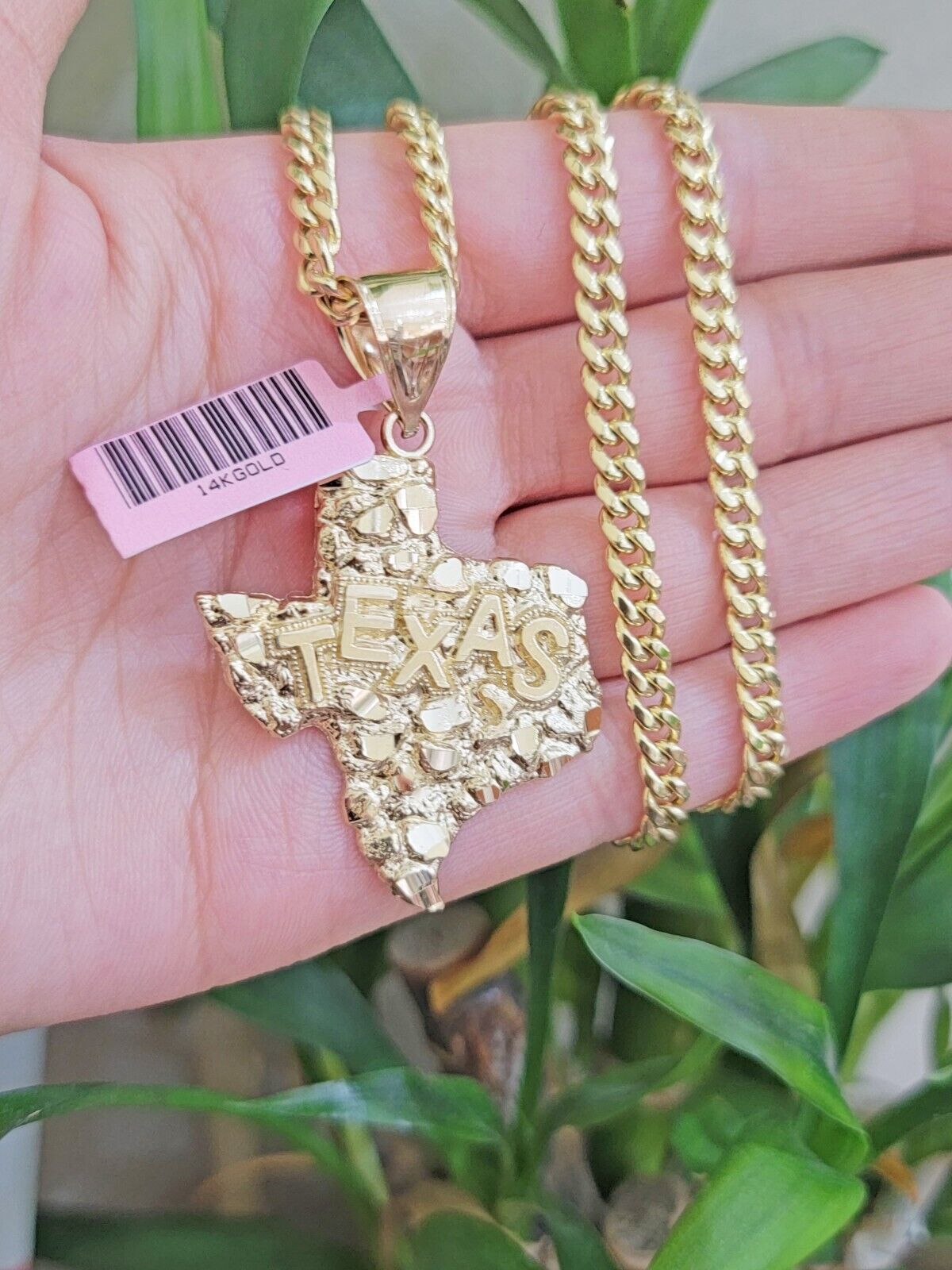 14k Gold Chain & Charm Nugget Texas map pendant Cuban Link Necklace 26 Inch 5mm