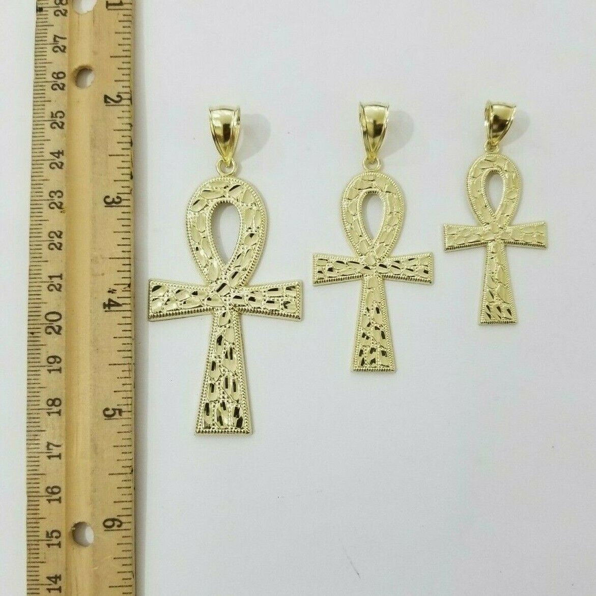 Real Gold Ankh Cross Charm Pendant 10k Yellow Gold Nugget Diamond Cuts Men Women