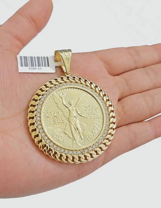 1947 Mexican Centenario Coin Charm Pendant Replica 50 Pesos With Bezel 10kt Gold