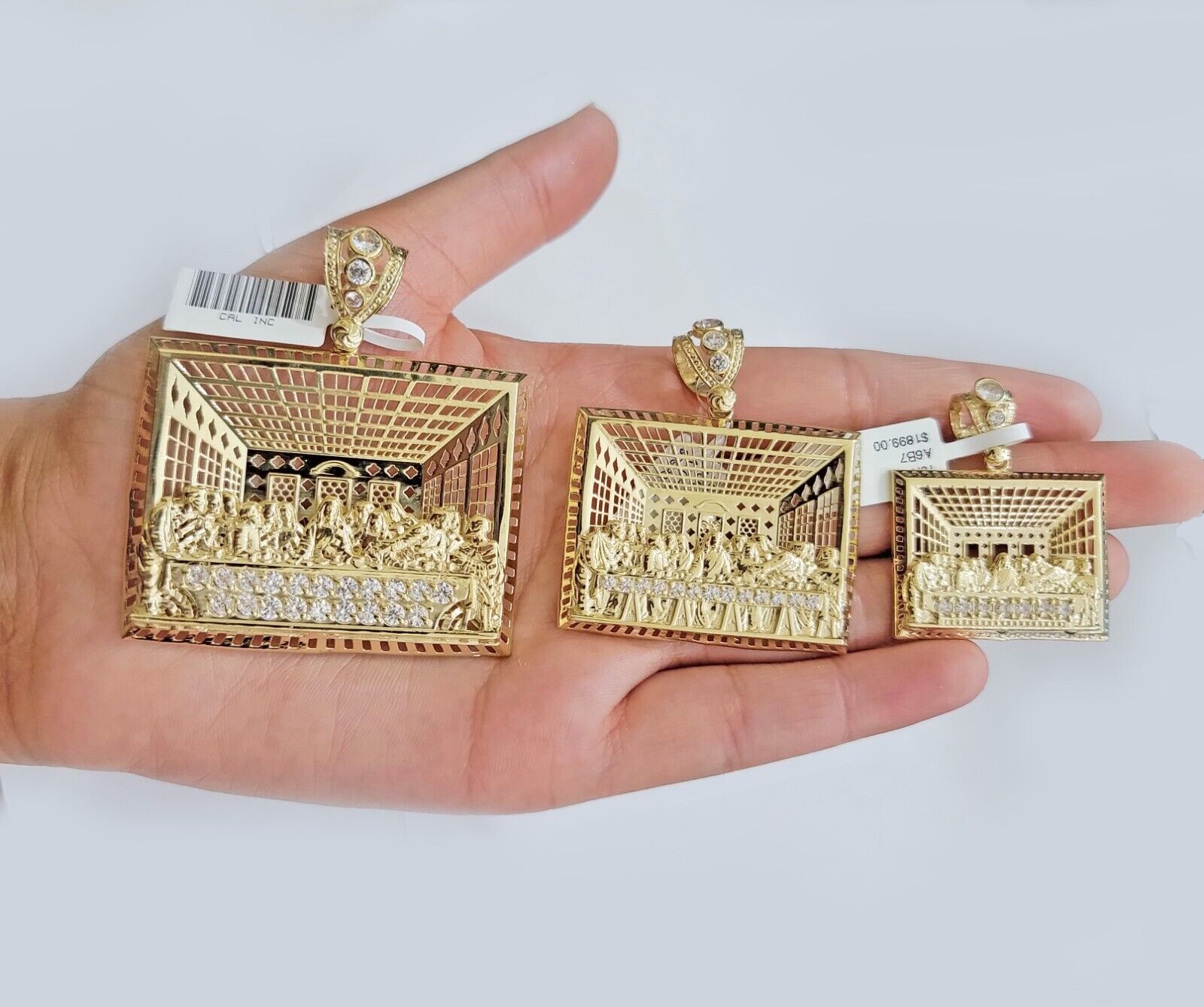 Real 10k Gold Pendant Charm Last Supper Square Jesus 10kt Yellow Gold With Stone