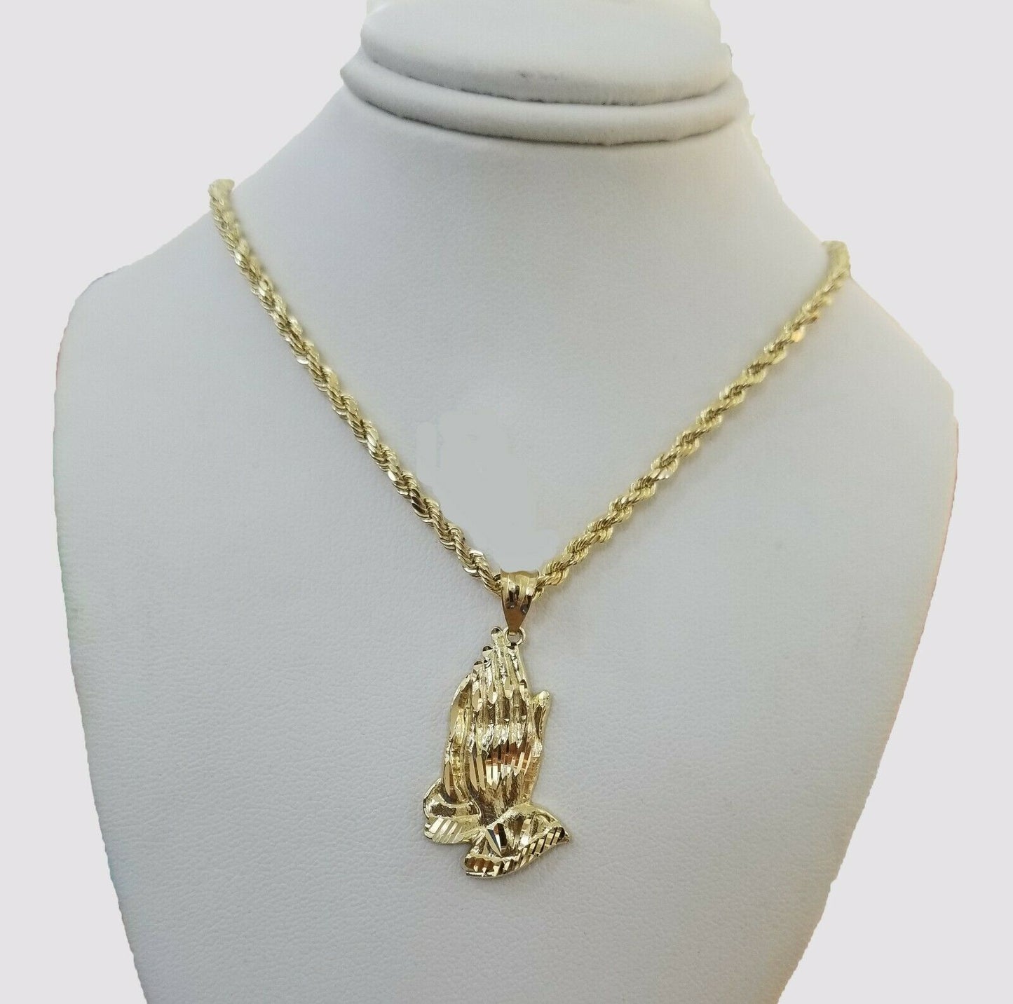 Real 10k Yellow Gold Chain & Charm Praying hand pendant , 22" 3mm Rope Necklace