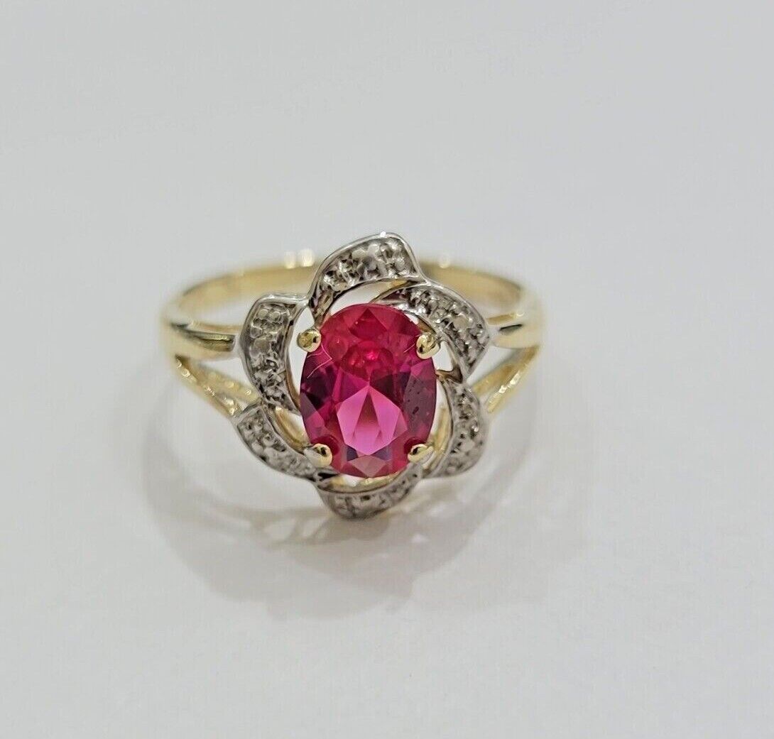 10k Yellow Gold Ladies Ruby Red Ring Women's Casual Band Real 10kt Flower Design