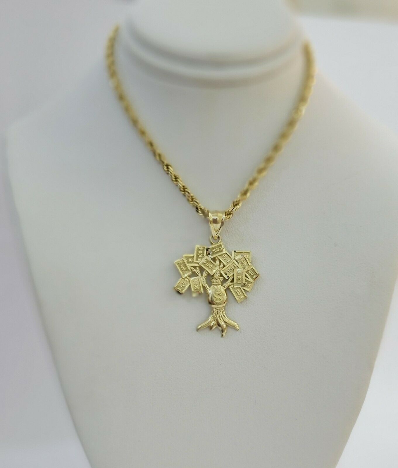 10k Yellow Gold Pendant & 10kt Rope Necklace 22", Money Tree Charm 10kt ,UNIQUE