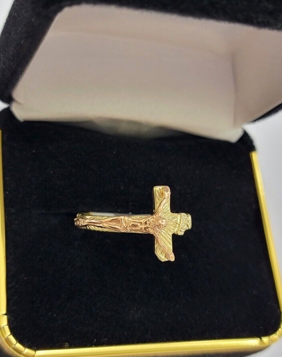 Ladies Ring 10k Yellow Rose Gold Jesus Cross REAL Crucifix Unique Band For SALE