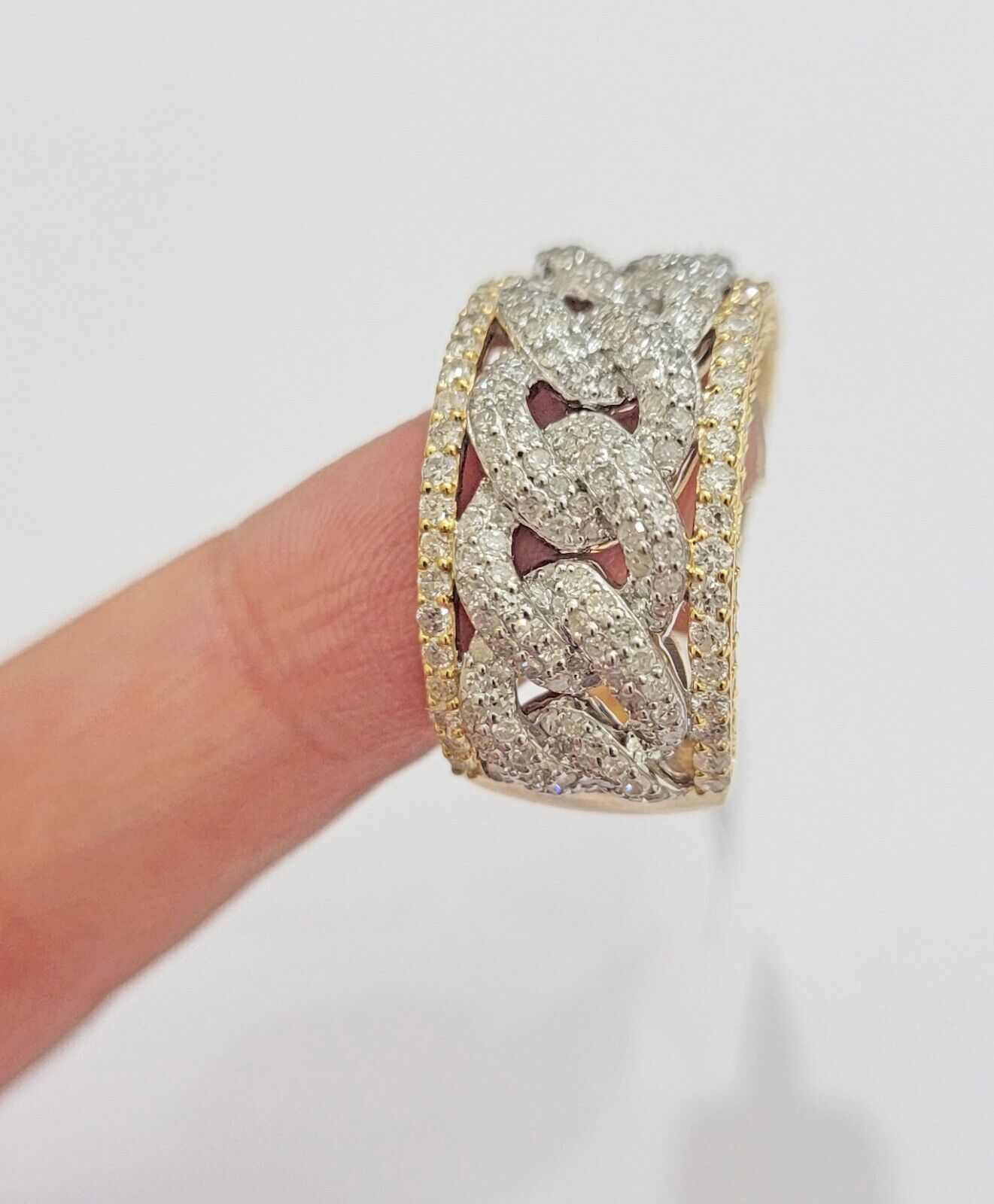 Real 10k Yellow Diamond Miami cuban Link Ring Mens Band 2.5 Ct Round Cut GENUINE