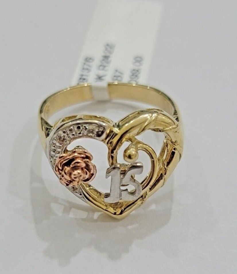 Ladies Ring 10k Gold Quinceanera 15 Anos Year Girls 10KT Yellow Hearts REAL SALE