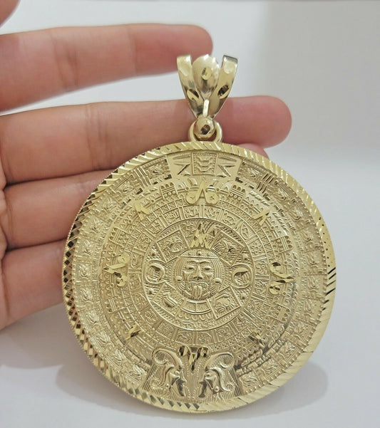 SOLID Real 10kt Yellow Gold Pendant Aztec Mayan Calendar 3" Men Charm 41-44 Gram