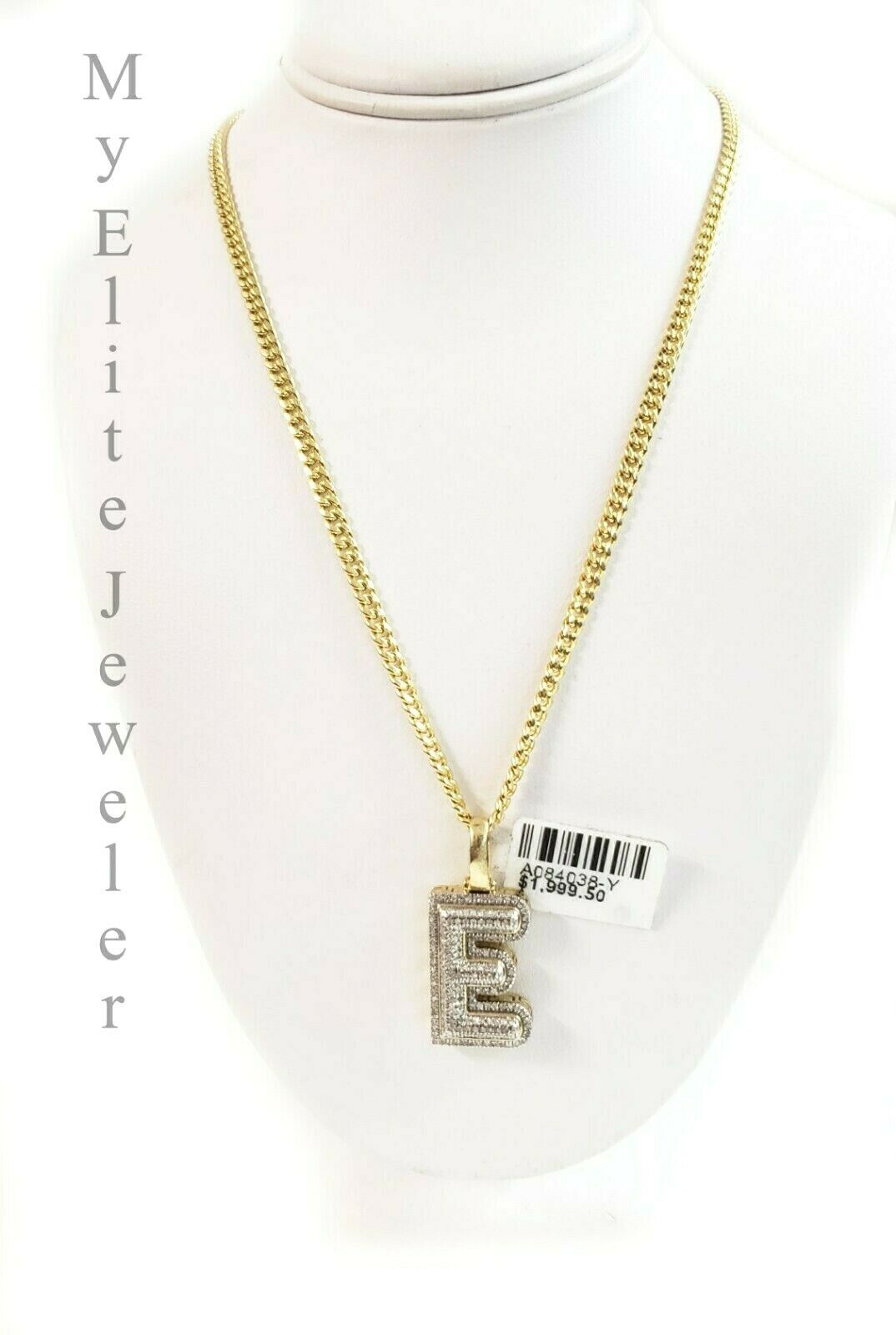 10k Gold Chain Diamond Initial E Charm Alphabet Solid 0.32 Ct Men & Ladies Real