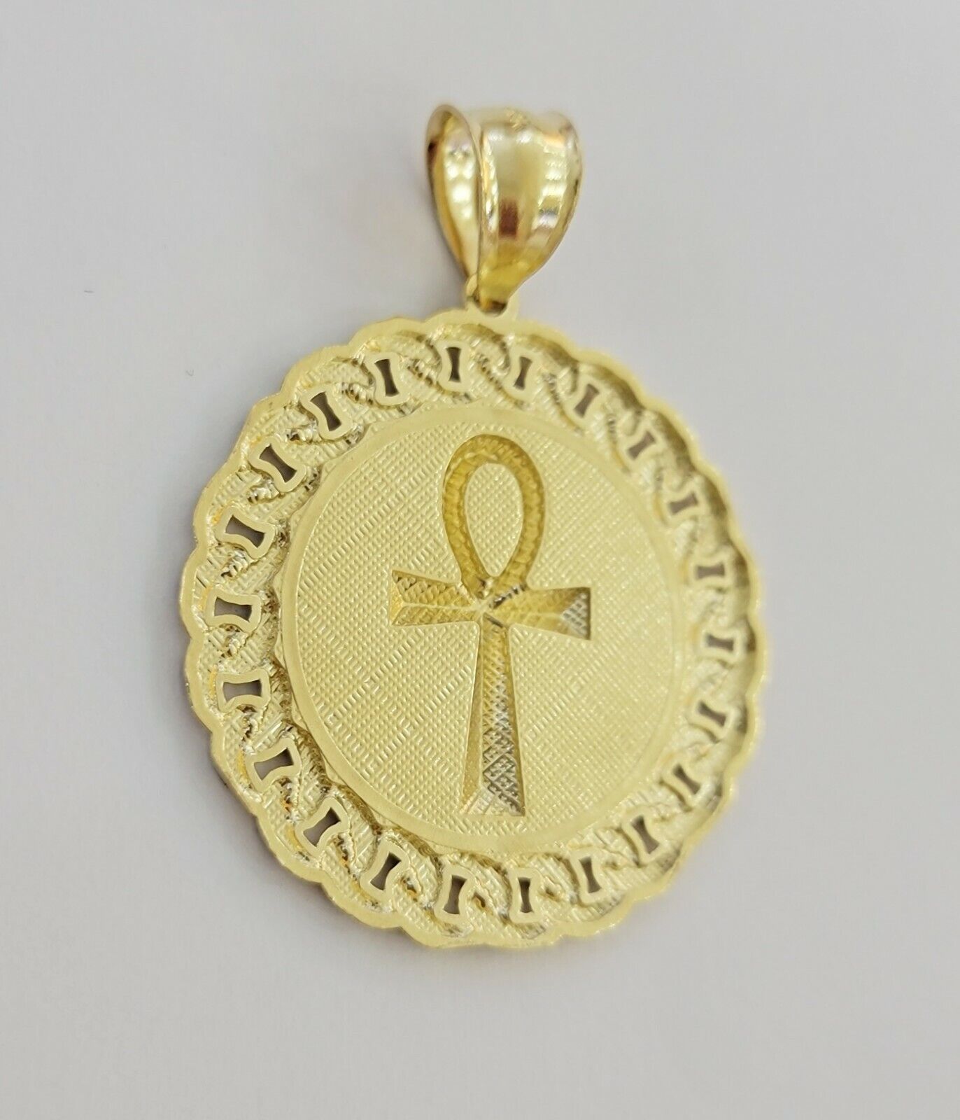 Real 10k Yellow Gold Charm Pendant Ankh Cuban Link Style Medallion Round 10kt