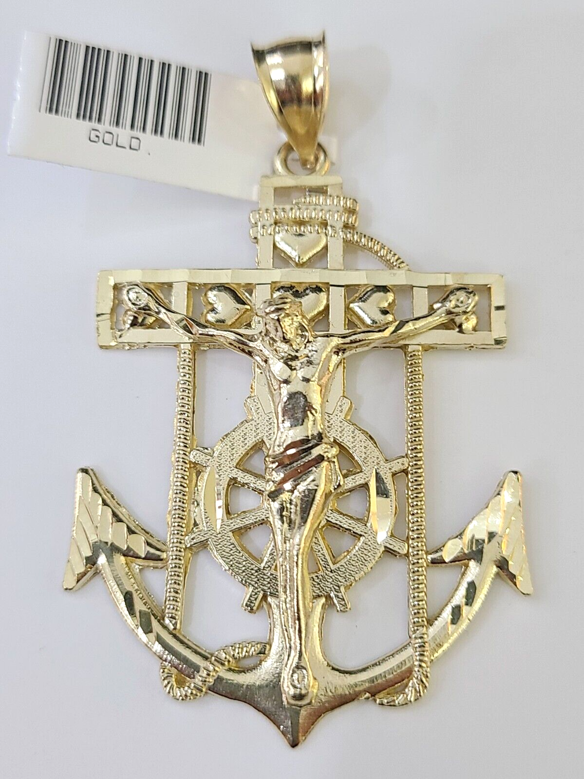 Solid 10k Yellow Gold Charm Anchor Pendant Mens Real 10 KT With Jesus crucifix