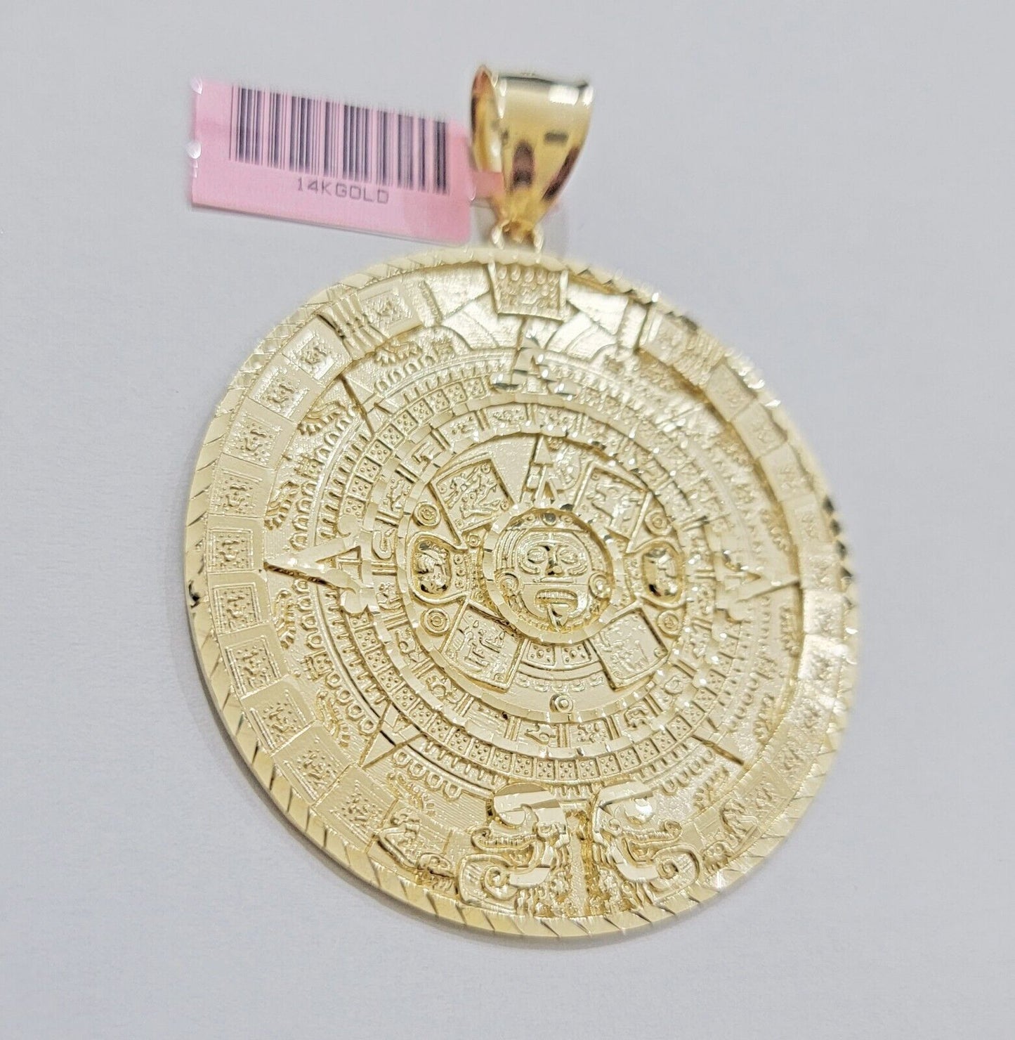 SOLID Real 14kt Yellow Gold Pendant Aztec Mayan Calendar 3.2" Men's Round Charm