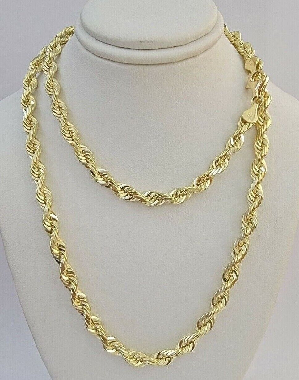 Rope Chain Necklace 5mm REAL 10kt Yellow Gold Solid link Diamond Cuts 22" Inch