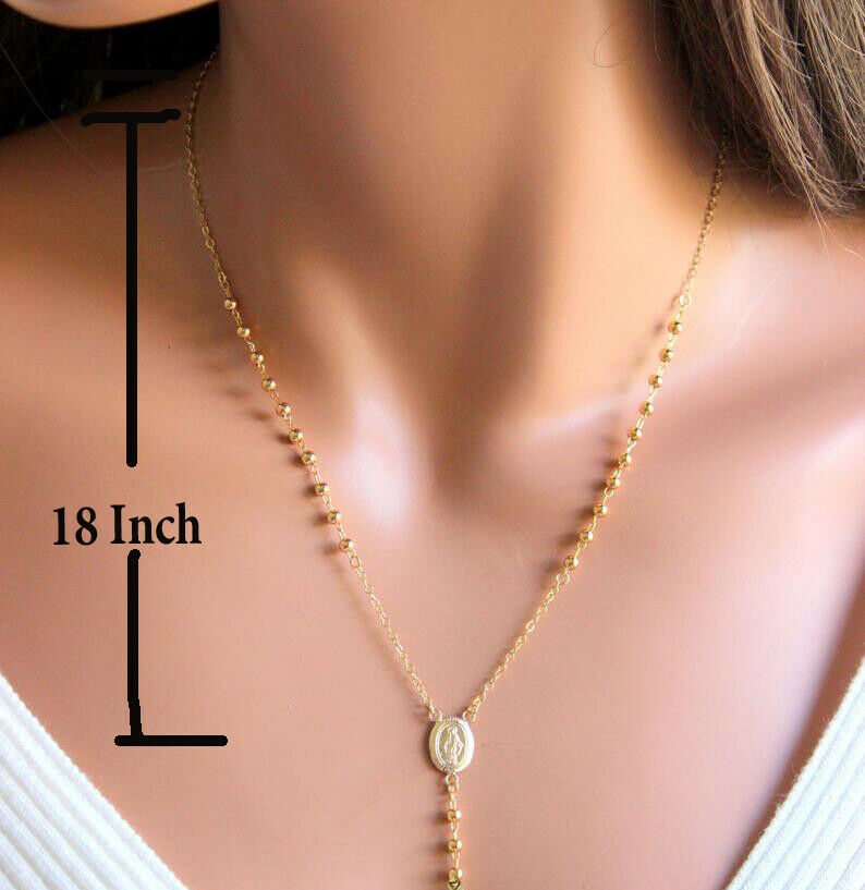REAL 14KT Yellow Gold Rosary Necklace Ladies 24" Virgin Mary Jesus Cross Chain