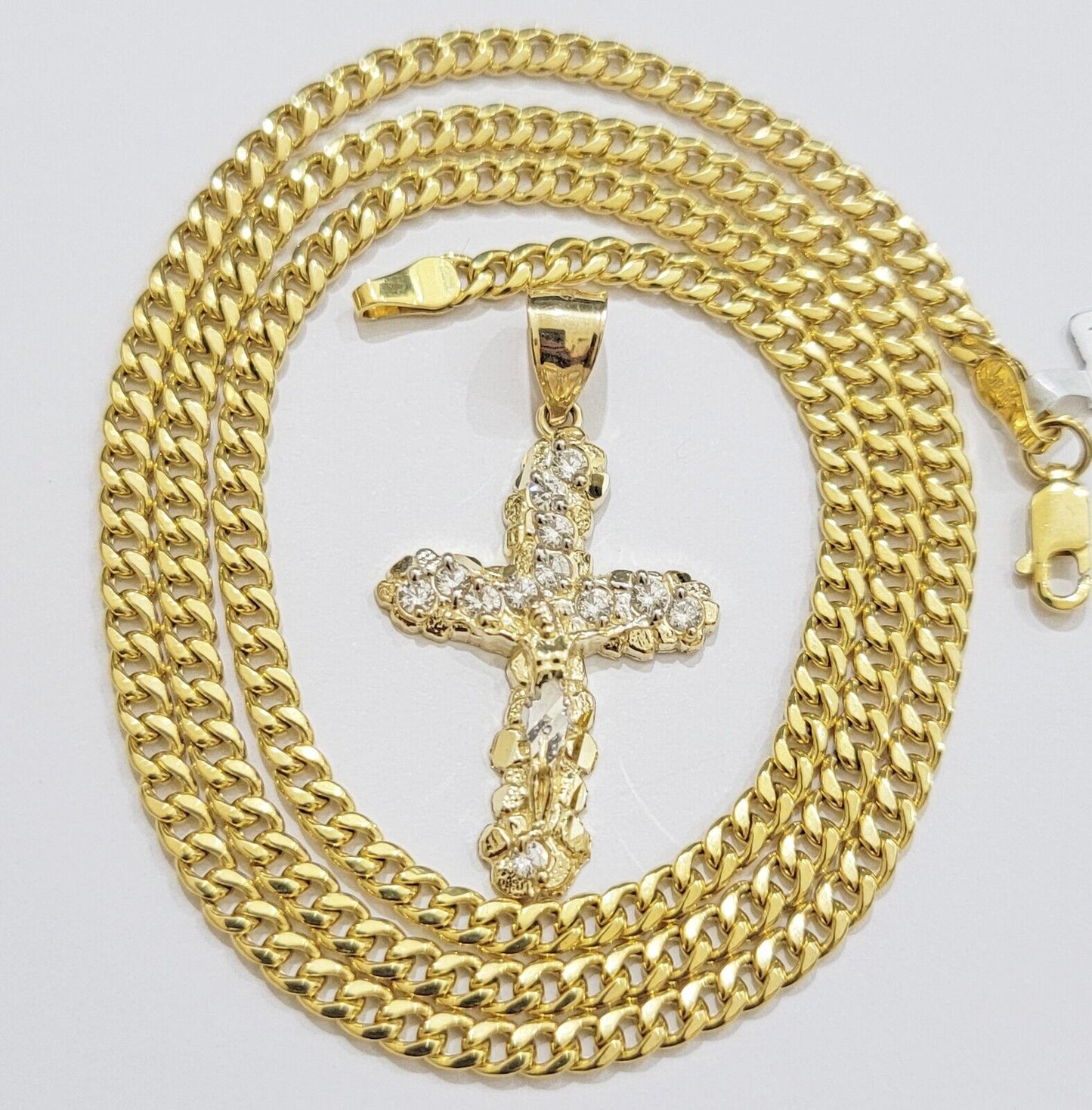 Real 10k Gold Cross Charm pendant & Miami Cuban Link Chain Necklace 4mm 22" Mens