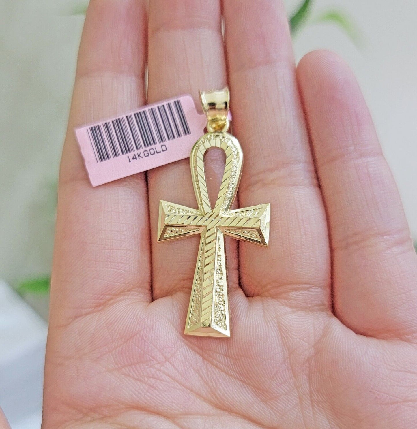 Real 14k Yellow Gold Ankh charm pendant 1.75 Inch Diamond Cuts Charm for Chains