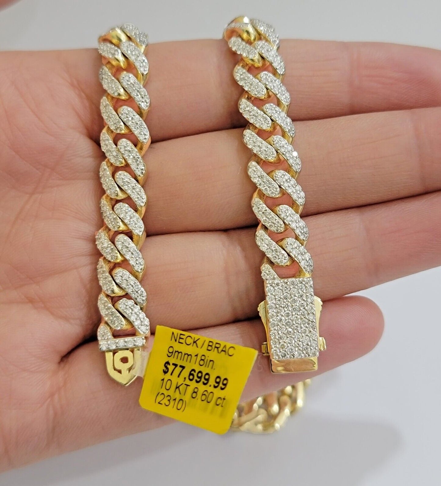 10k Yellow Gold Diamond Chain 18 Inch Necklace 9mm REAL 8.50 CT Dia, MENS CHOKER