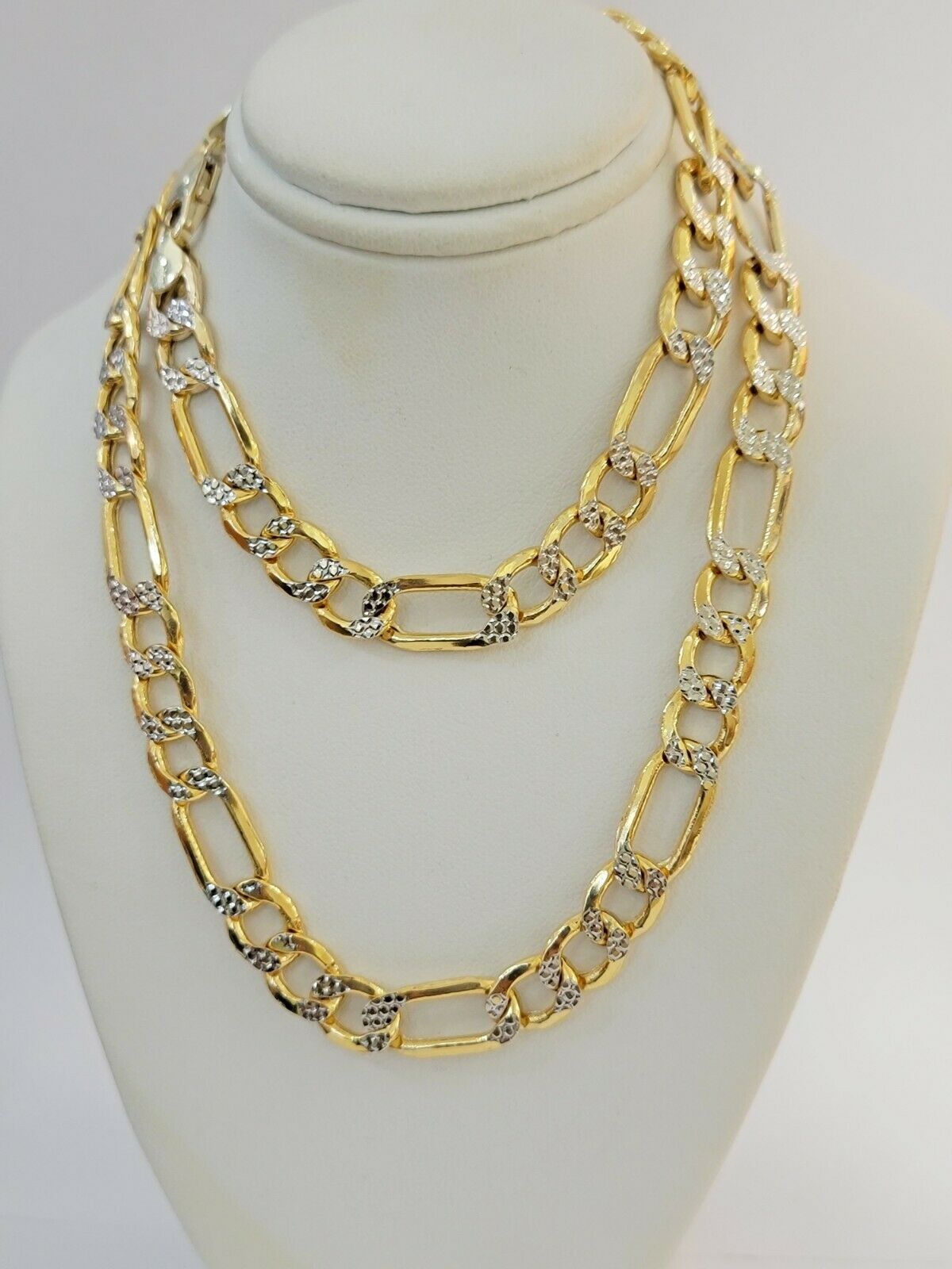 Real Gold 10k Figaro Necklace Men's Chain 9mm 24" Inch Yellow Gold Diamond Cuts