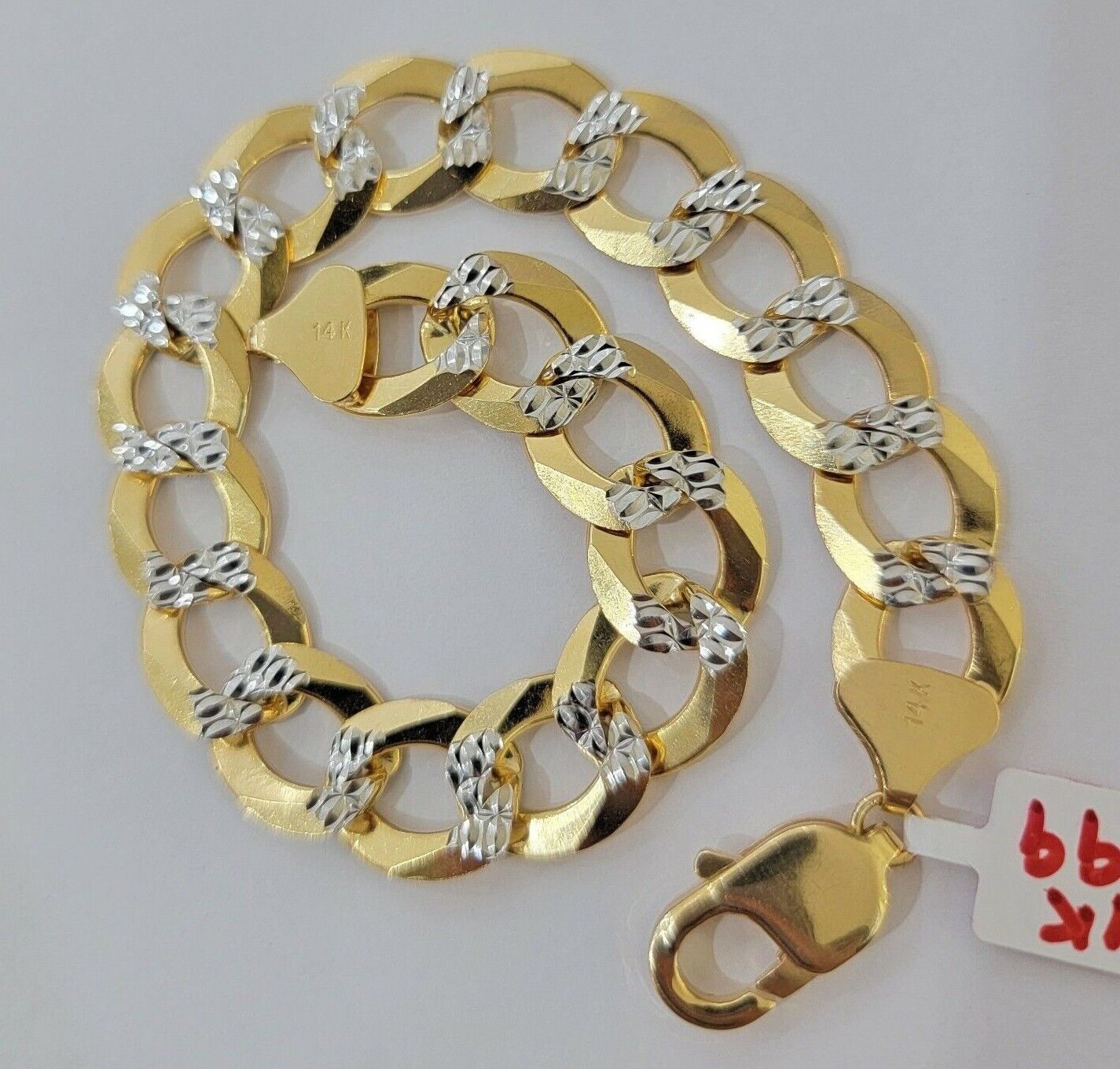 Solid 14k Gold Cuban Curb link Bracelet 9 Inch 13.5mm Two-Tone Diamond Cut Heavy