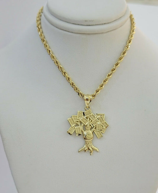 REAL 10kt Rope Necklace 24" With 10k Yellow Gold Pendant Money Tree Charm,UNIQUE