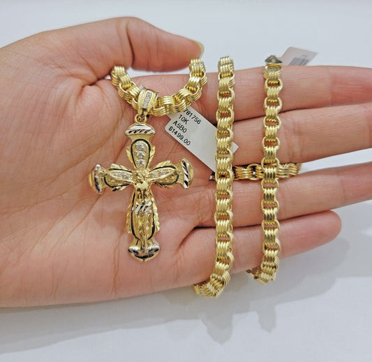 Real 10kt Yellow Gold Chain Pendant Set Byzantine Necklace 20"-28" & Cross Charm