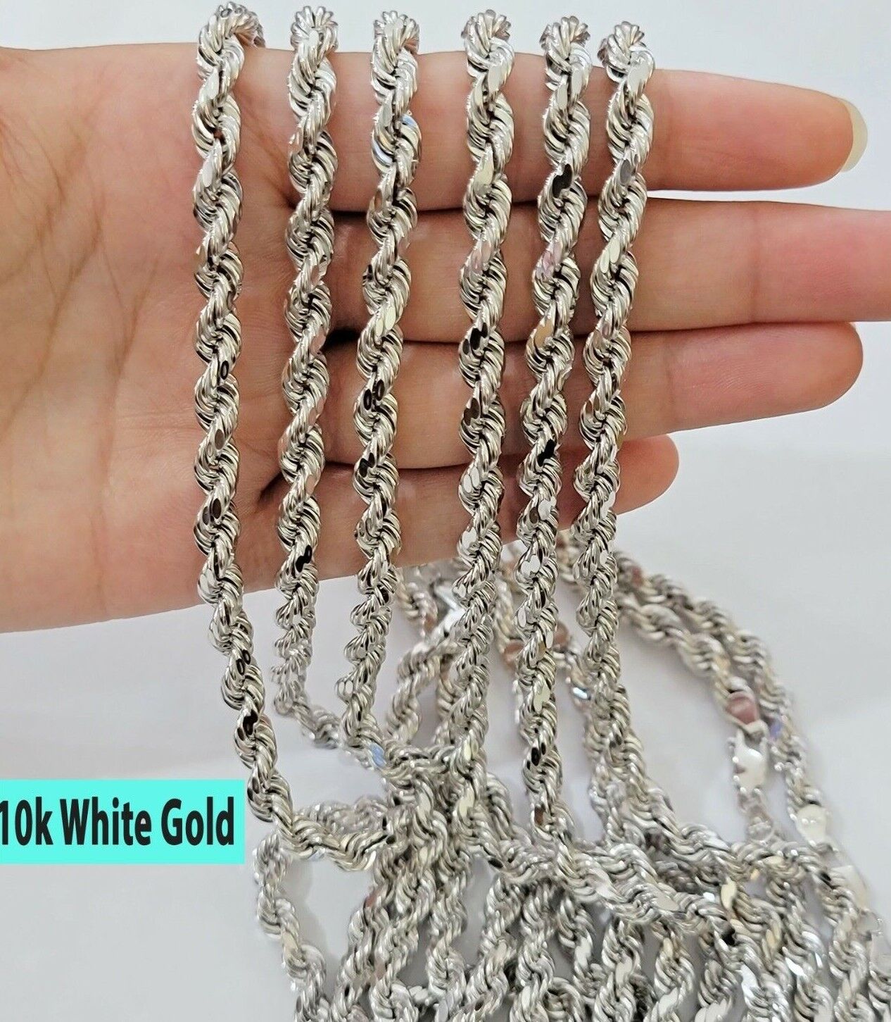 Real 10k White Gold Rope Chain Necklace 22 Inch 6mm Diamond Cuts Mens 10KT SOLID