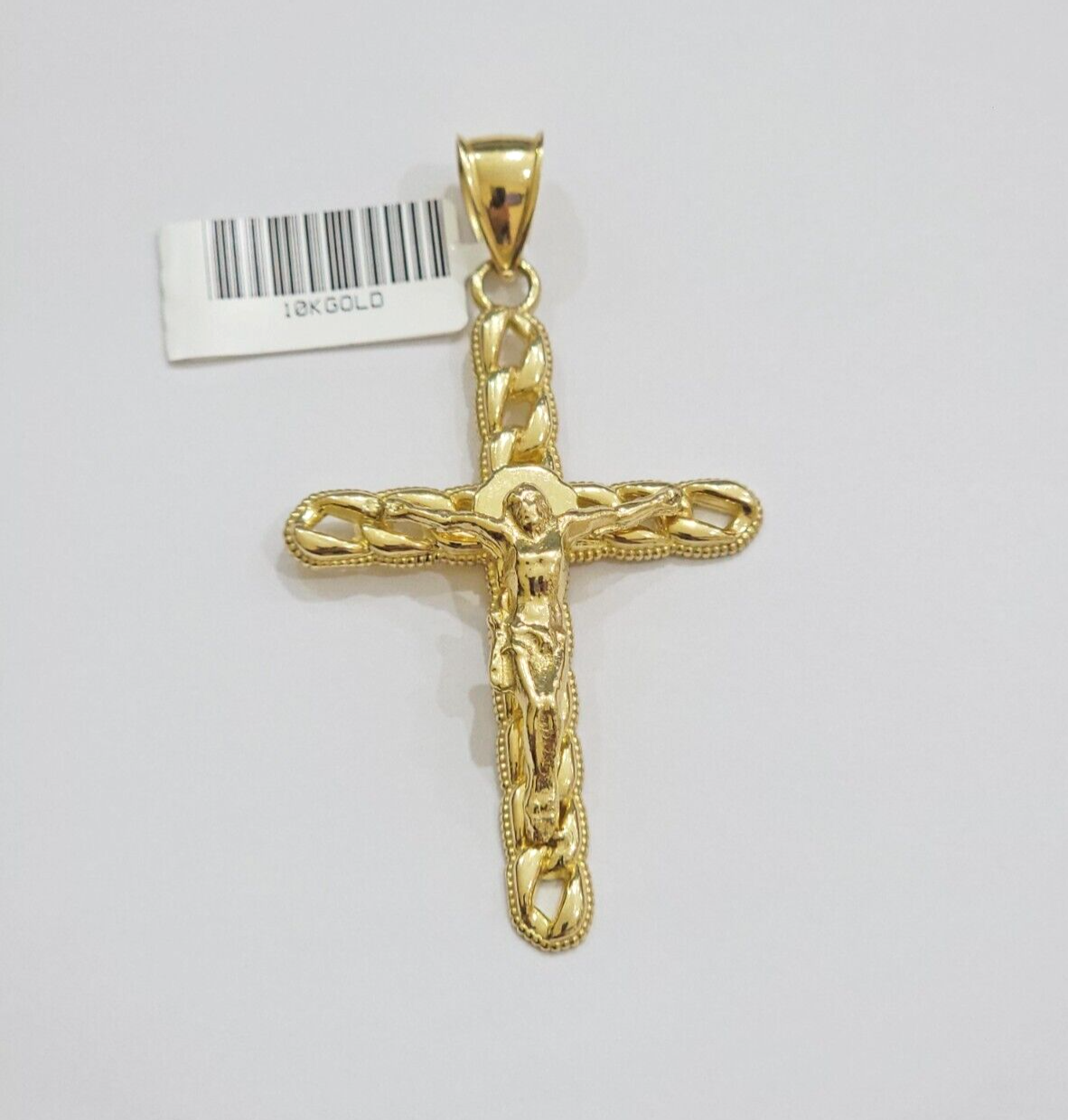 10K Yellow Gold Cross Pendant Mens Jesus Crucifix Charm 2.5 Inch For Thick Chain