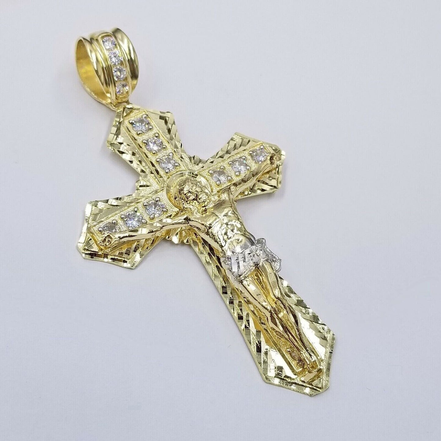 Real 10k Yellow Gold Jesus Cross Charm Men's pendant 3.75" With cubic Zirconia