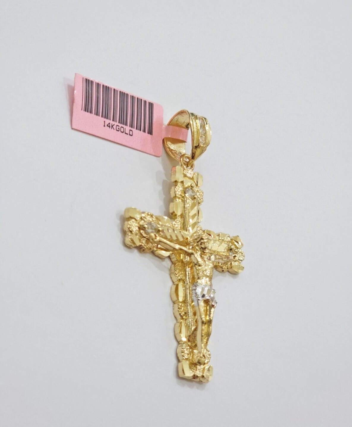 14k Yellow Gold Cross Nugget Pendant Jesus Crucifix 2 Inch 14kt Charm Men's REAL
