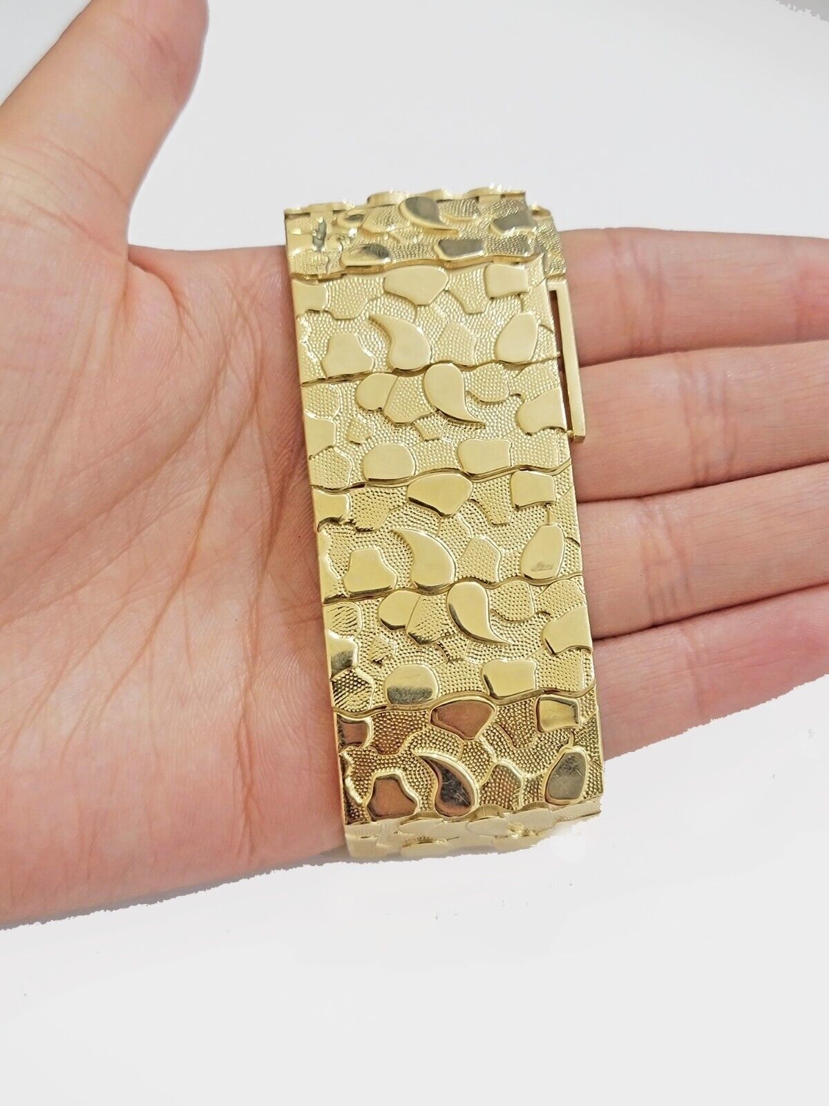 Real 14k Gold Nugget Bracelet Mens 10 Inch Long 30mm Thick Genuine 14 KT Solid