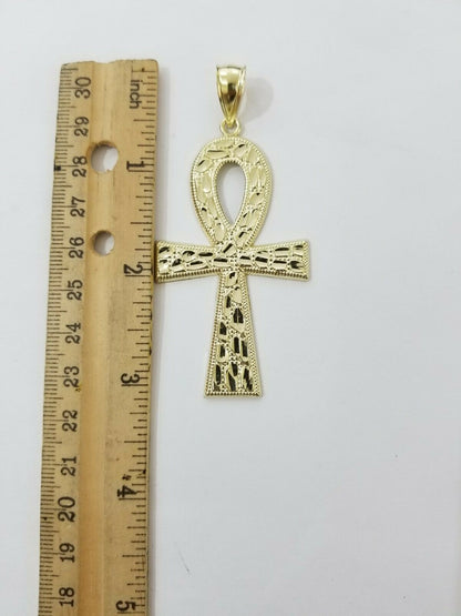 Real Gold Ankh Cross Charm Pendant 10k Yellow Gold Nugget Diamond Cuts Men Women